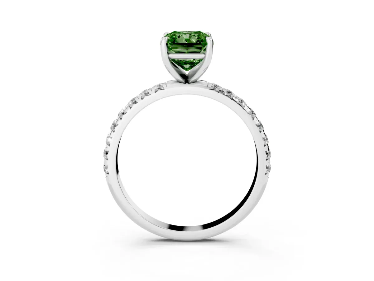 Fancy Green Radiant Cut Cut Diamond Solitaire Ring with Micro Pave Band and Four Prong Setting White gold