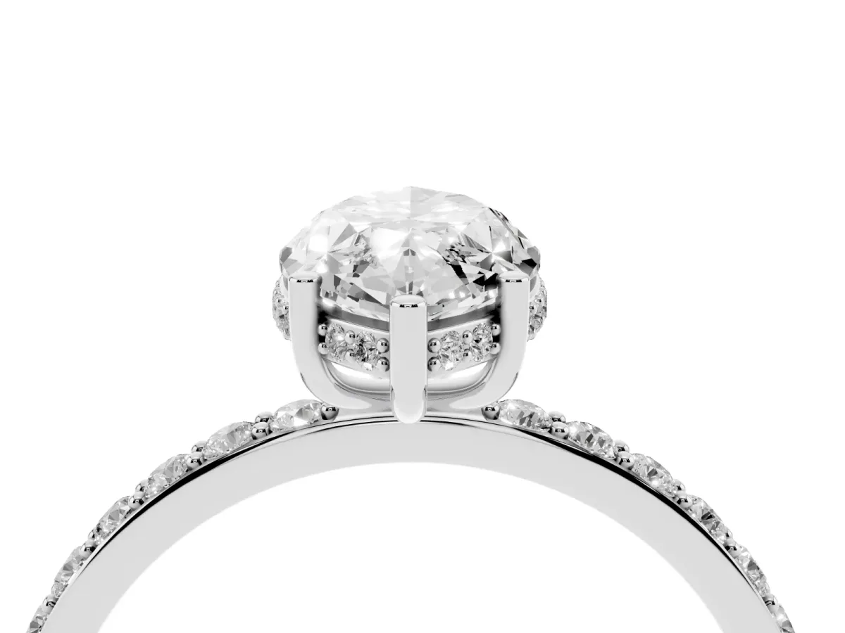 Marquise Cut Diamond Solitaire Ring with Pavé Band and Hidden Halo Silver
