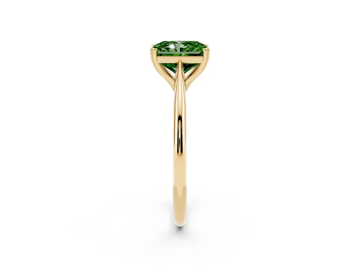 Fancy Green Radiant Cut Solitaire Diamond Ring with Six-Prong Setting and Classic Band Yellow gold