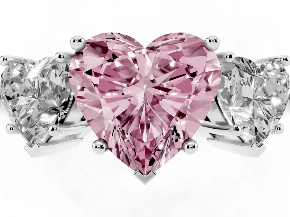 Fancy Pink Three-Stone Heart Cut Cut Diamond Engagement Ring with Prong Setting on a White Gold Band Silver