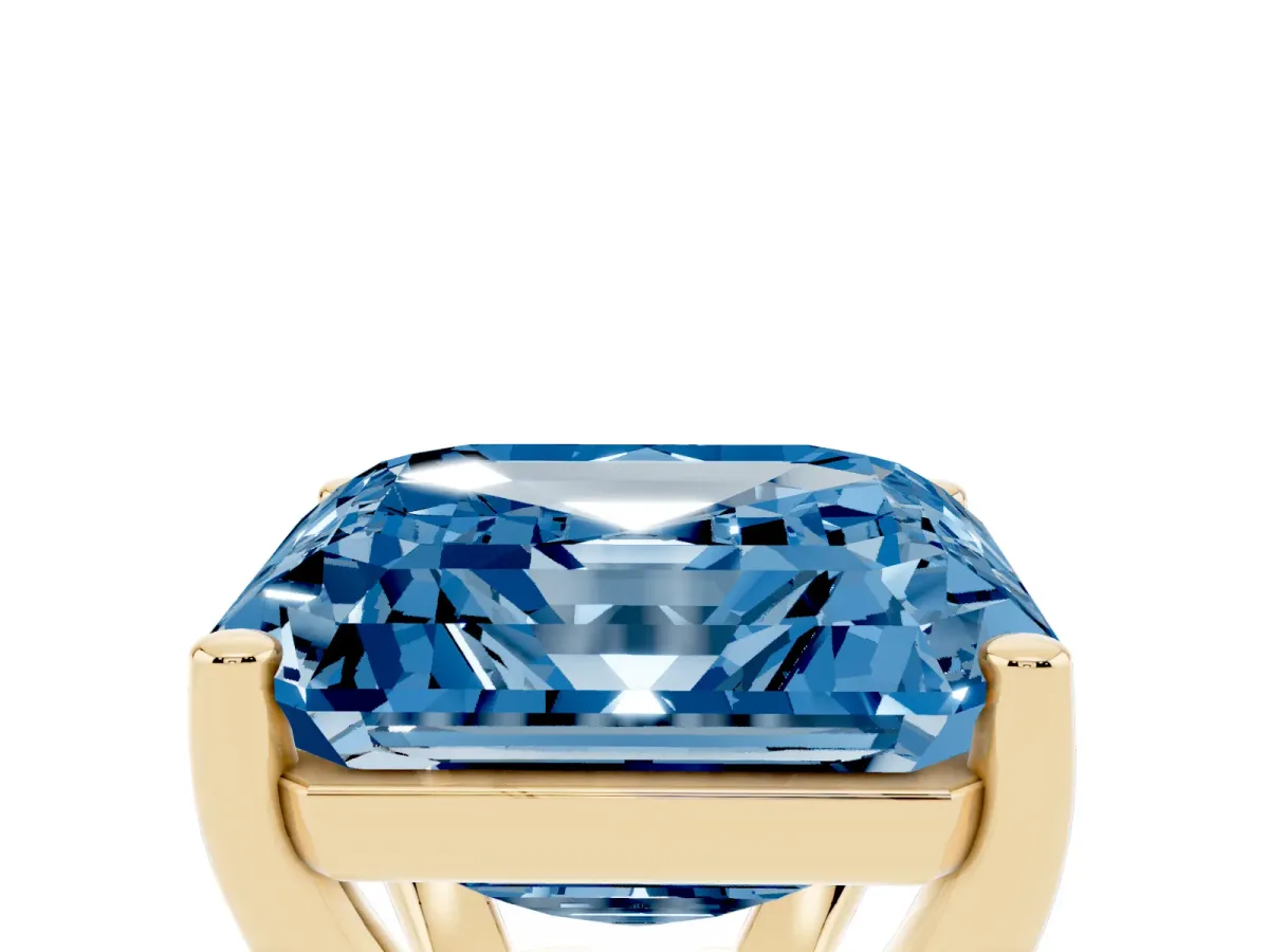 Fancy Blue Asscher Cut Cut Diamond Solitaire Engagement Ring with Tapered Plain Band and Four-Prong Setting Yellow gold