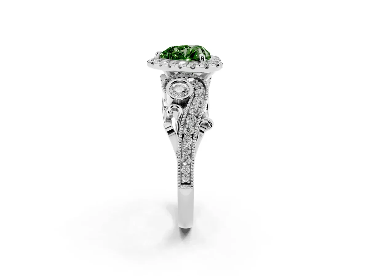Fancy Green Heart Cut Halo Diamond Ring with Milgrain and Bezel Accents on a Split Shank Band White gold