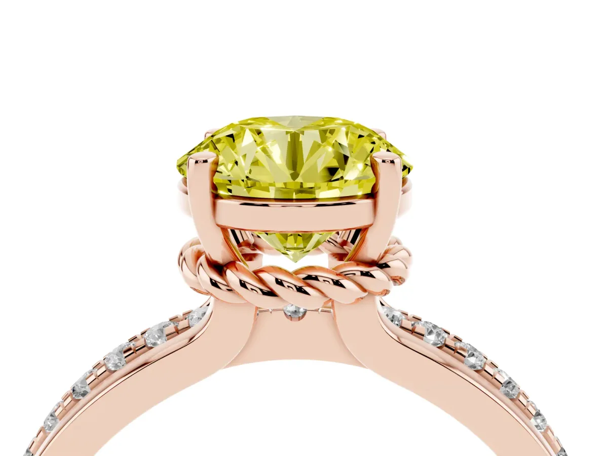 Fancy Yellow Round Cut Solitaire Diamond Ring with Channel Set Band and Six-Prong Setting Rose gold