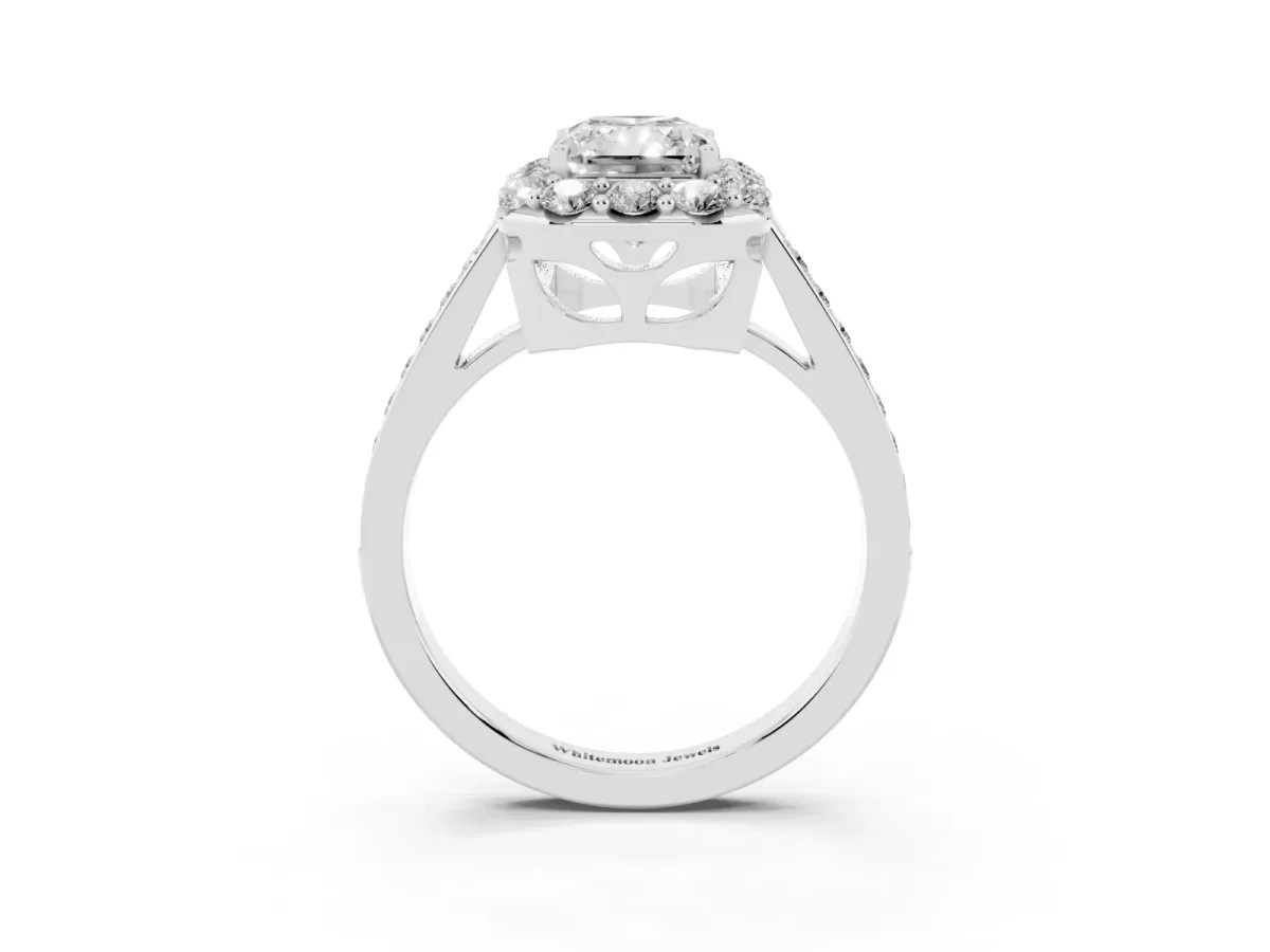 Radiant Cut Diamond Floral Halo Ring with Pavé Band and Prong Setting Silver