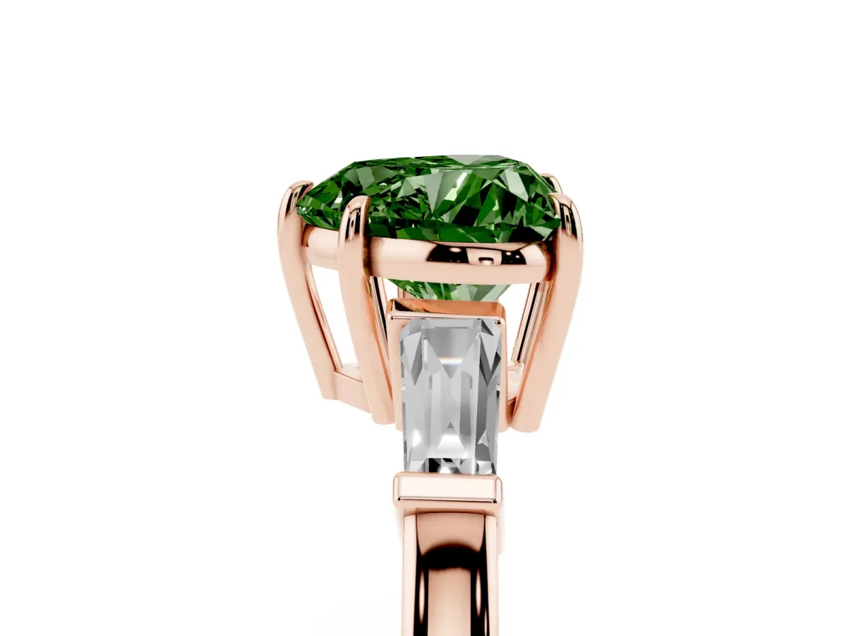 Fancy Green Heart Cut Diamond Three-Stone Ring with Tapered Baguette Side Stones and Prong Setting Rose gold