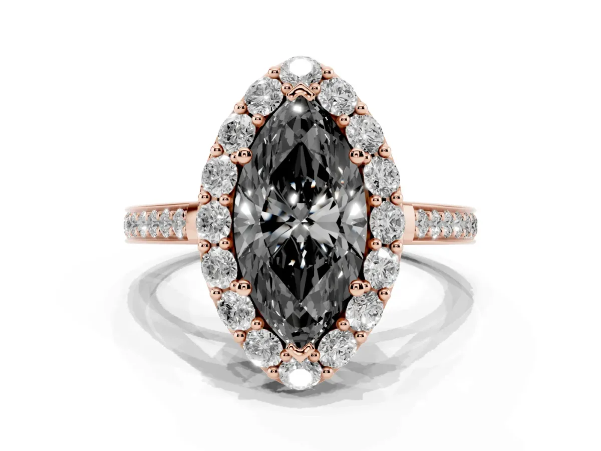 Fancy Black Marquise Cut Diamond Floral Halo Ring with Pavé Band and Prong Setting Rose gold