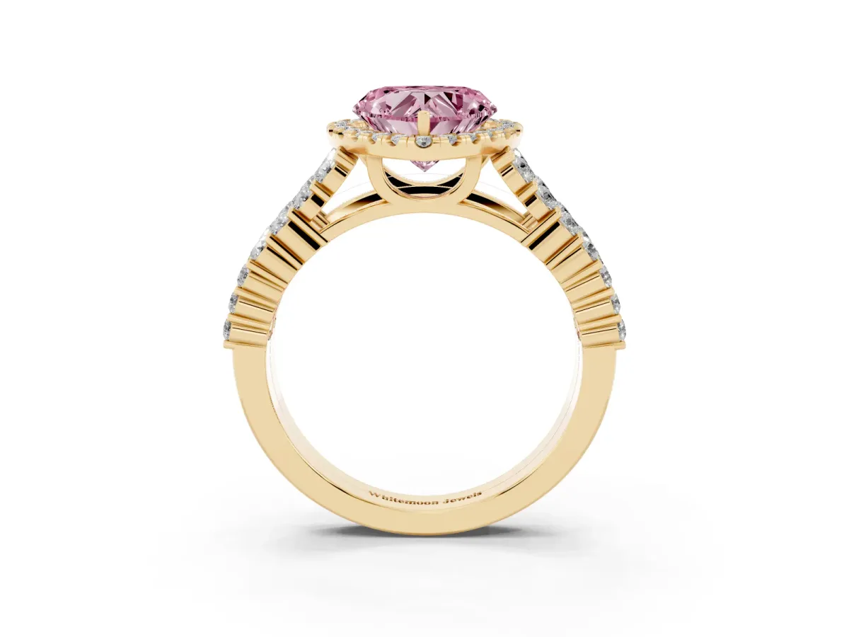 Fancy Pink Heart Cut Diamond Halo Engagement Ring with Triple Row Round Pavé Band and Prong Setting Yellow gold