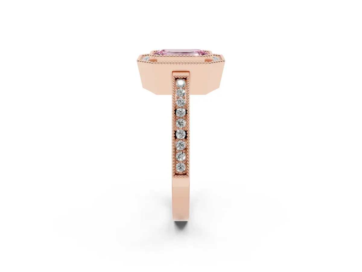 Fancy Pink Emerald Cut Cut Halo Diamond Ring with Pavé Band and Milgrain Prong Setting Rose gold