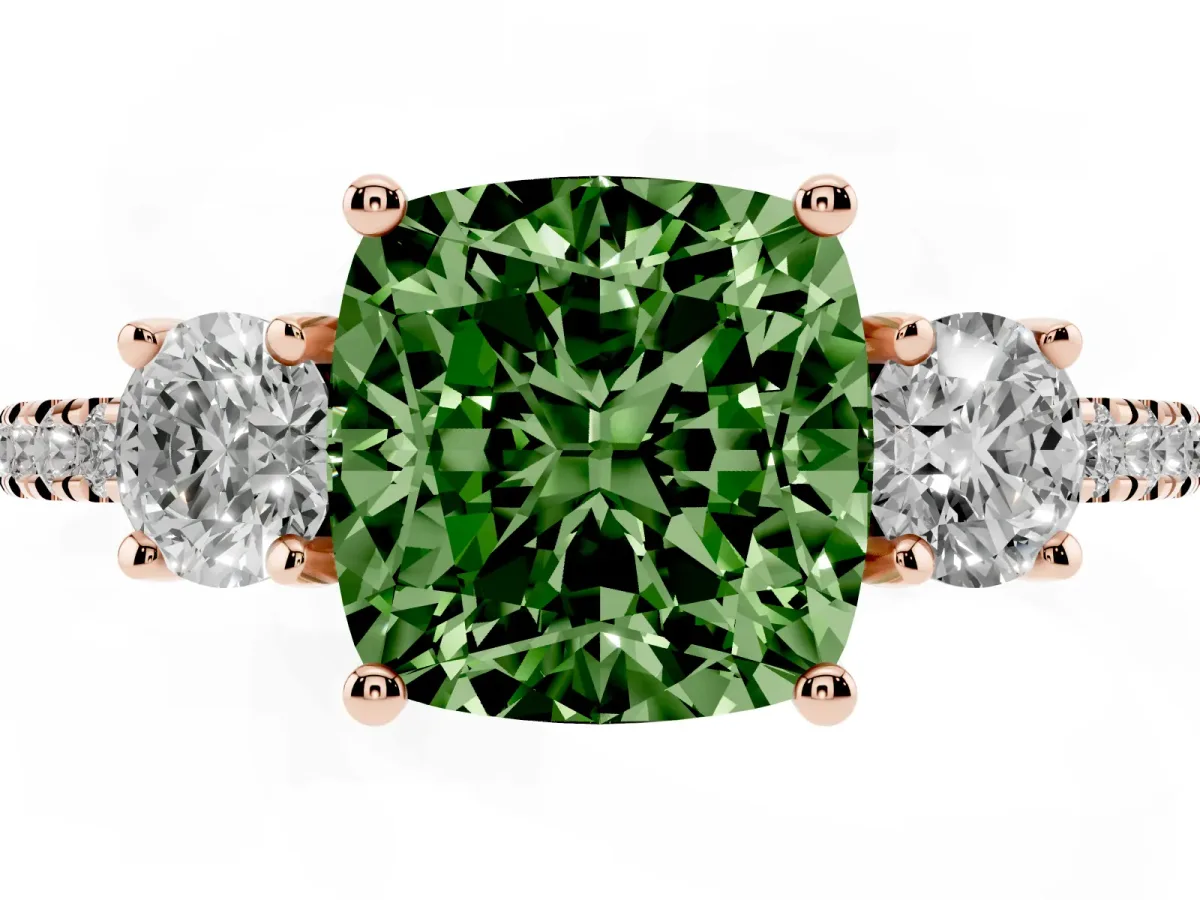Fancy Green Three-Stone Cushion Cut Cut Diamond Pavé Band with Prong Setting Rose gold