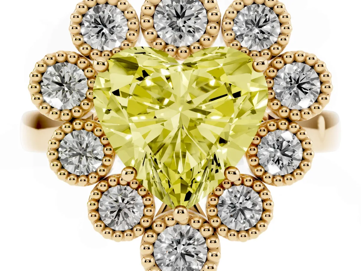 Fancy Yellow Heart Cut Halo Diamond Cluster Engagement Ring with Milgrain Bezel Setting and Solitaire Band Yellow gold