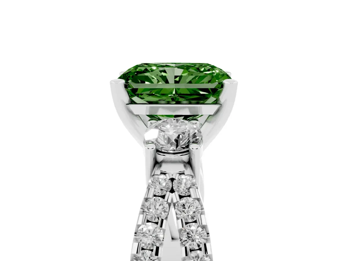 Fancy Green Radiant Cut Diamond Three-Stone Ring with Pavé Split Shank and Four-Prong Setting Silver