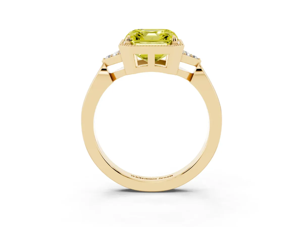 Fancy Yellow Milgrain Asscher Cut Cut Diamond Ring with Tapered Pave Band and Four Prong Setting Yellow gold