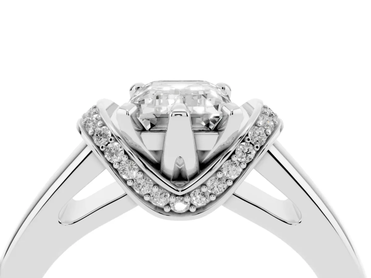 Emerald Cut Solitaire Diamond Ring with Pave Band and Six-Prong Setting Platinum