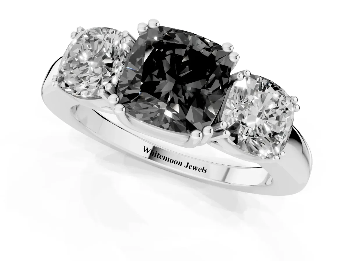 Fancy Black Three-Stone Cushion Cut Cut Diamond Ring with Channel Set Band and Four-Prong Setting Silver