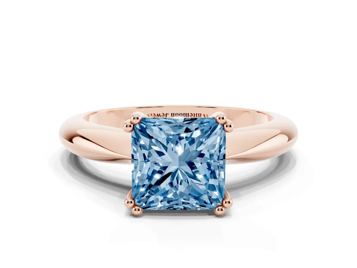 Fancy Blue Princess Cut Cut Solitaire Engagement Ring with Tapered Band and Four-Prong Setting Rose gold