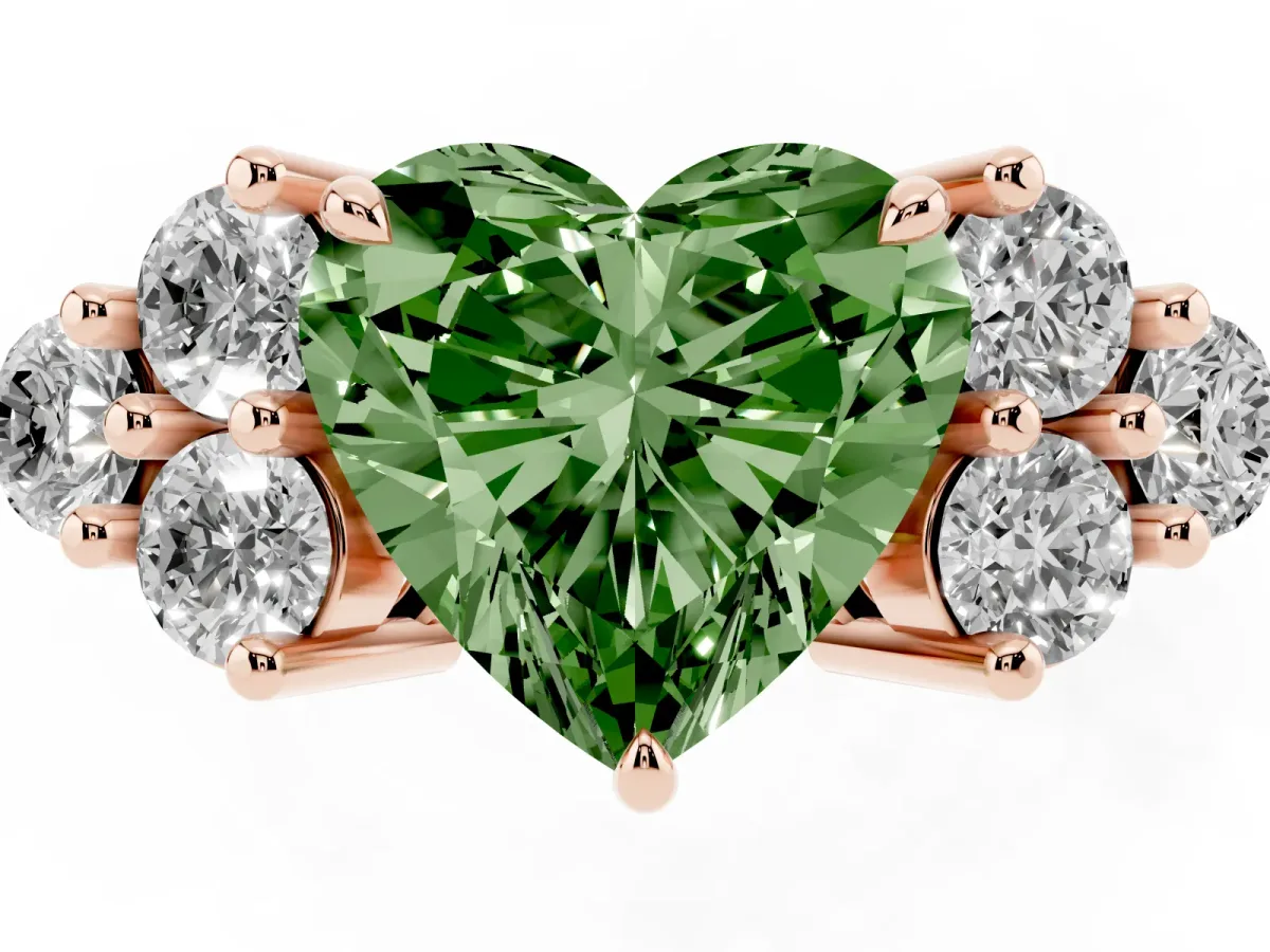 Fancy Green Heart Cut Brilliant Diamond Cluster Accent Solitaire Ring with Prong Setting Rose gold