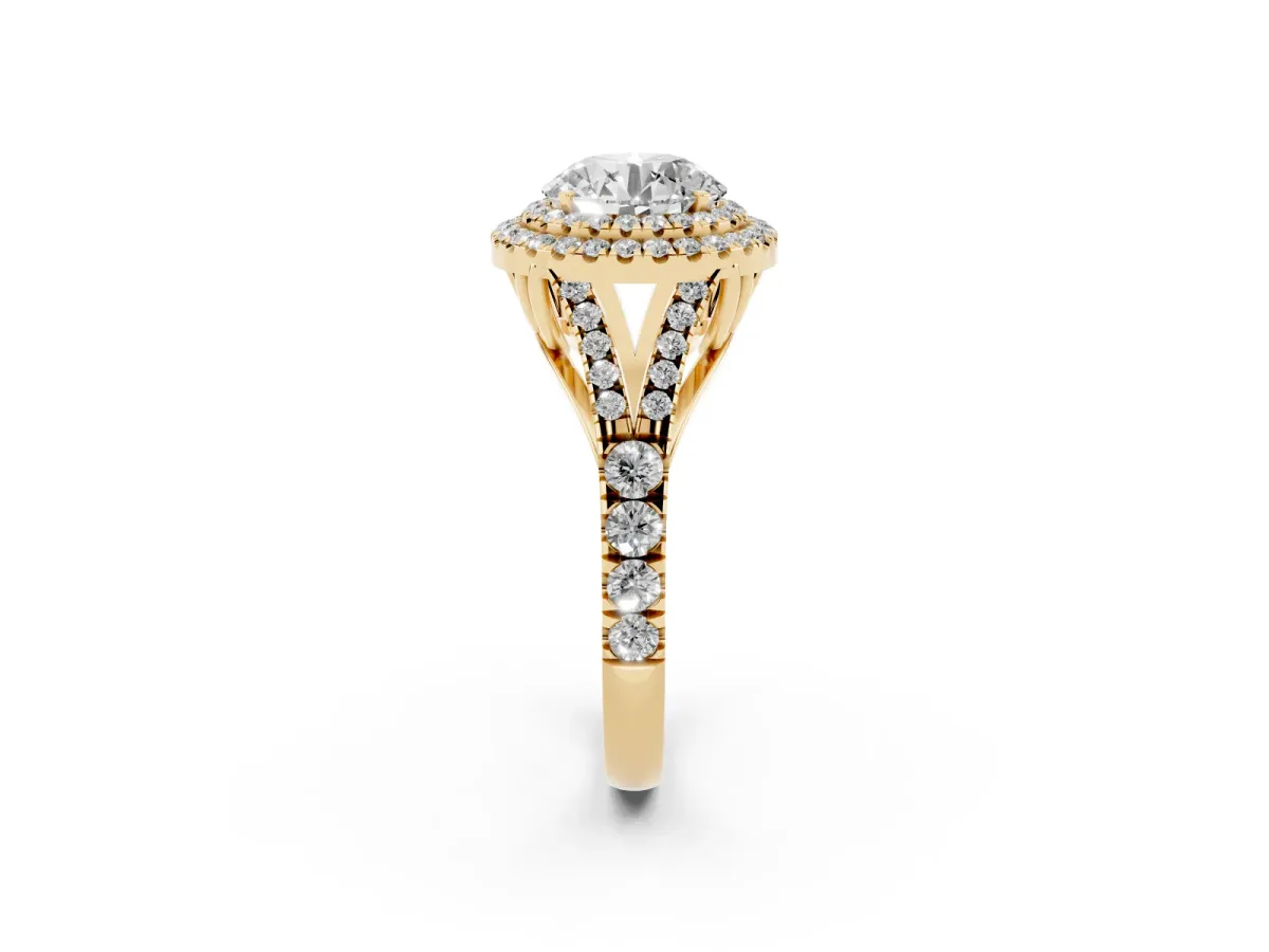 Round Cut Diamond Double Halo Ring with Split Shank and Prong Setting Yellow gold