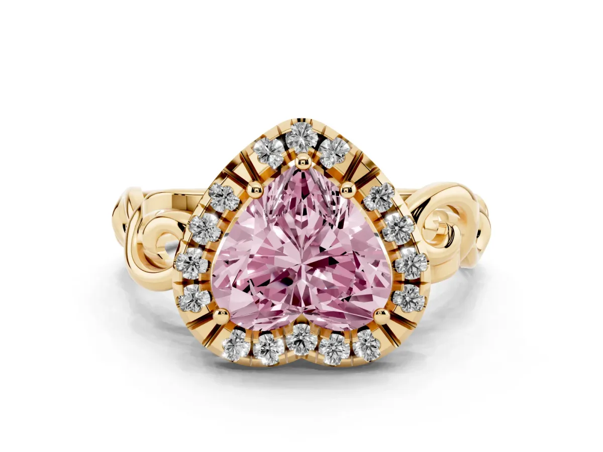Fancy Pink Heart Cut Cut Halo Diamond Ring with Scrollwork Band and Four-Prong Setting Yellow gold