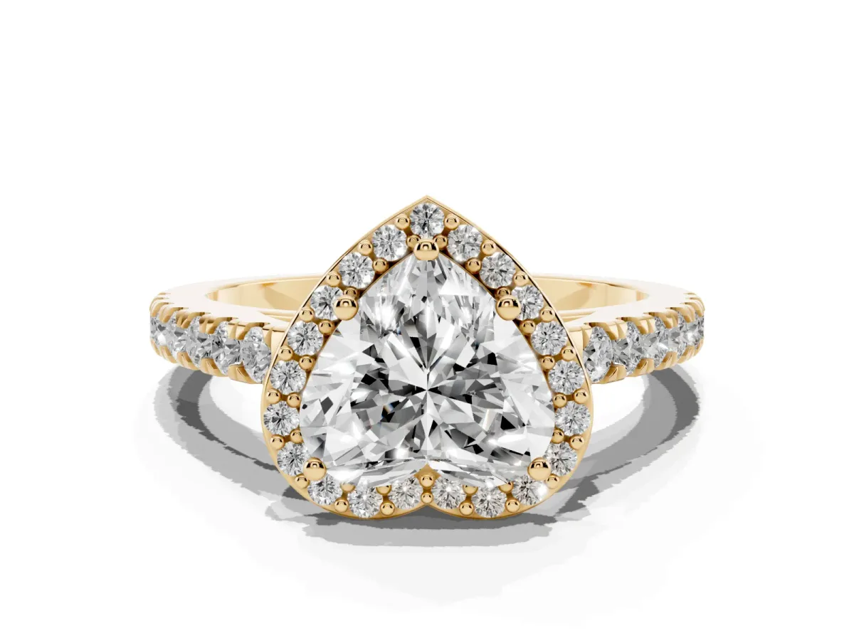 Heart Cut Cut Halo Diamond Engagement Ring with Pave Band and Four-Prong Setting Yellow gold