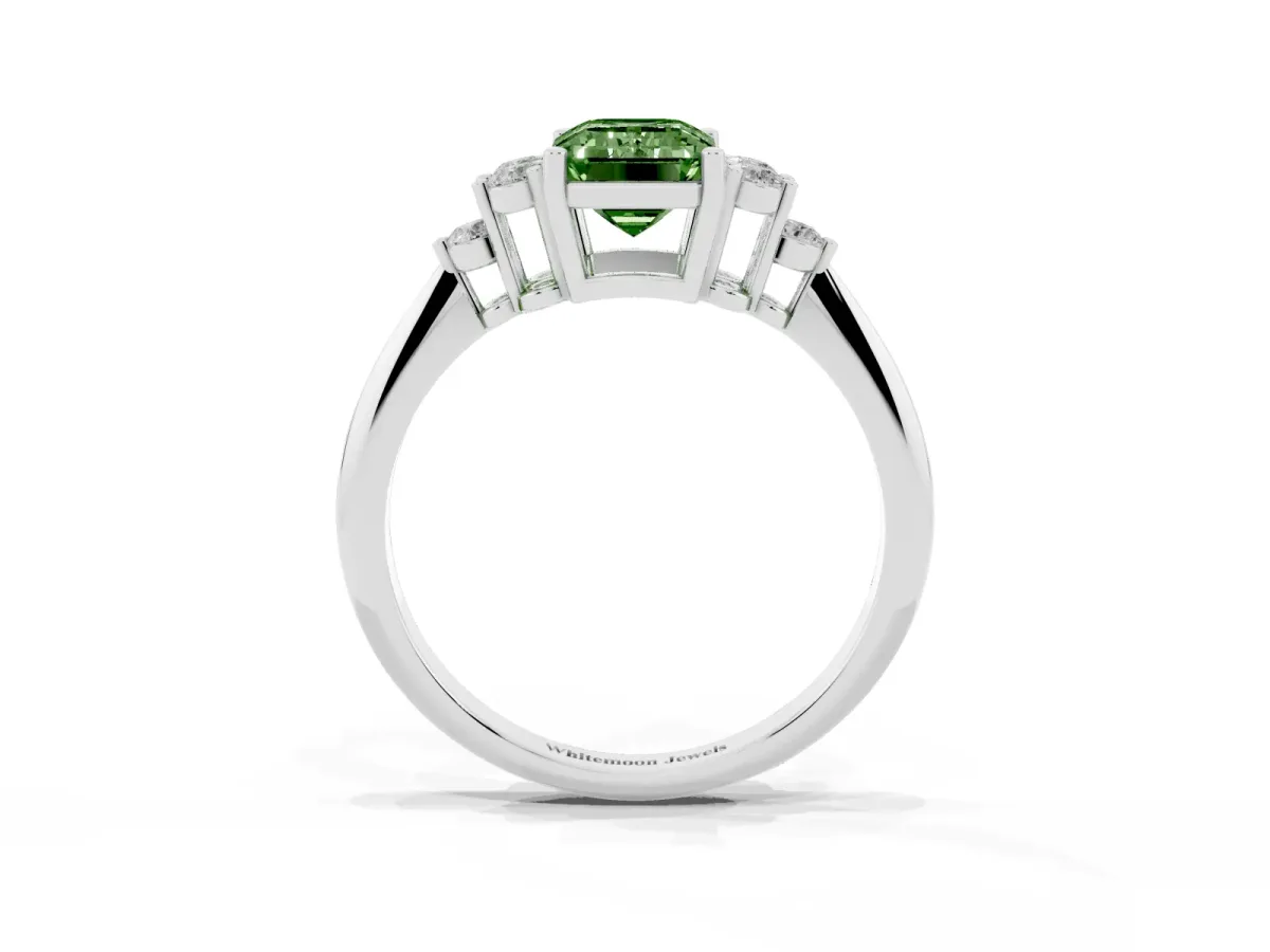 Fancy Green Emerald Cut Cut Diamond Cluster Ring with Solitaire Band and Four-Prong Setting Platinum