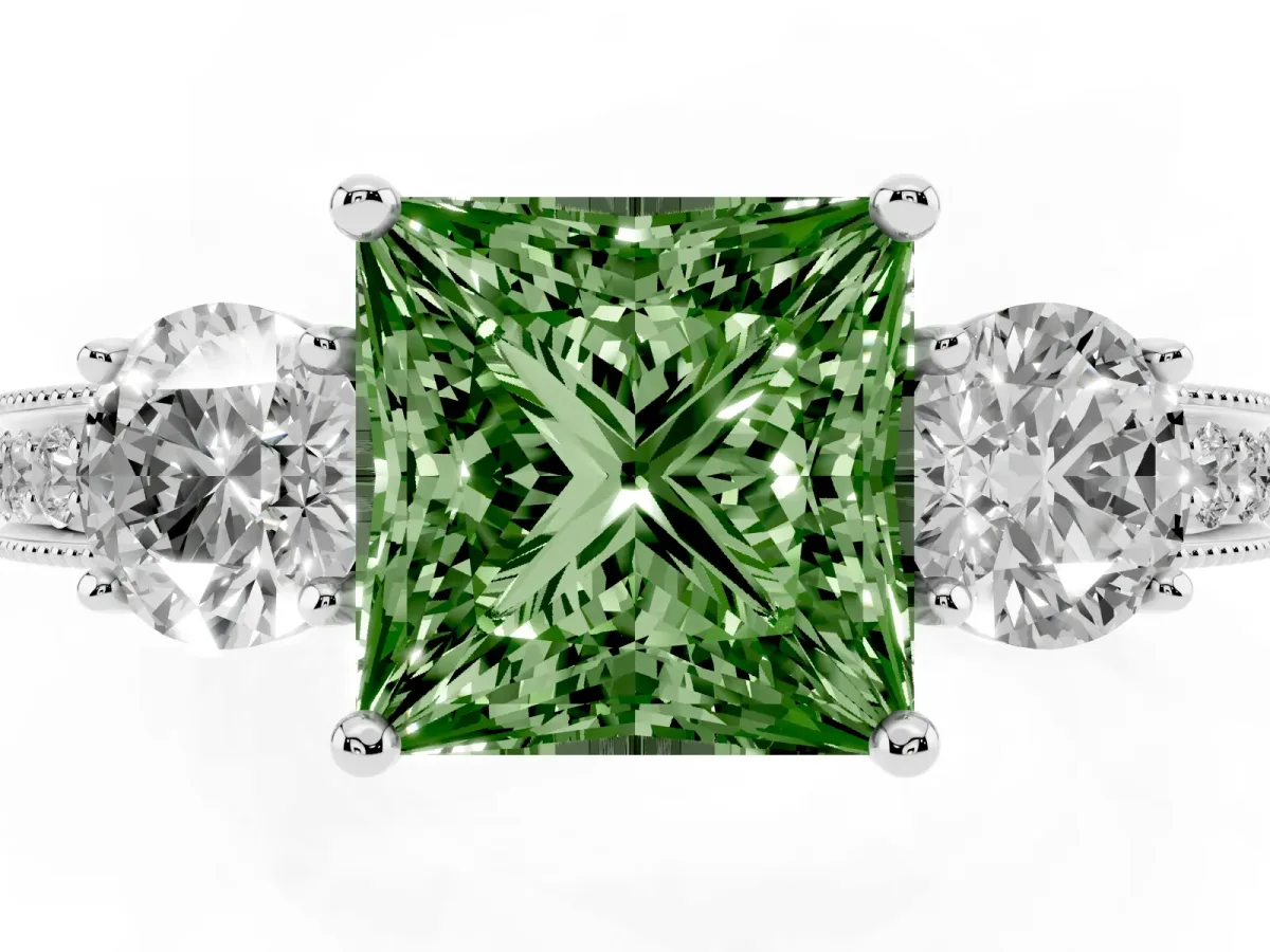 Fancy Green Princess Cut Three-Stone Diamond Ring with Pavé Band and Four-Prong Setting Silver