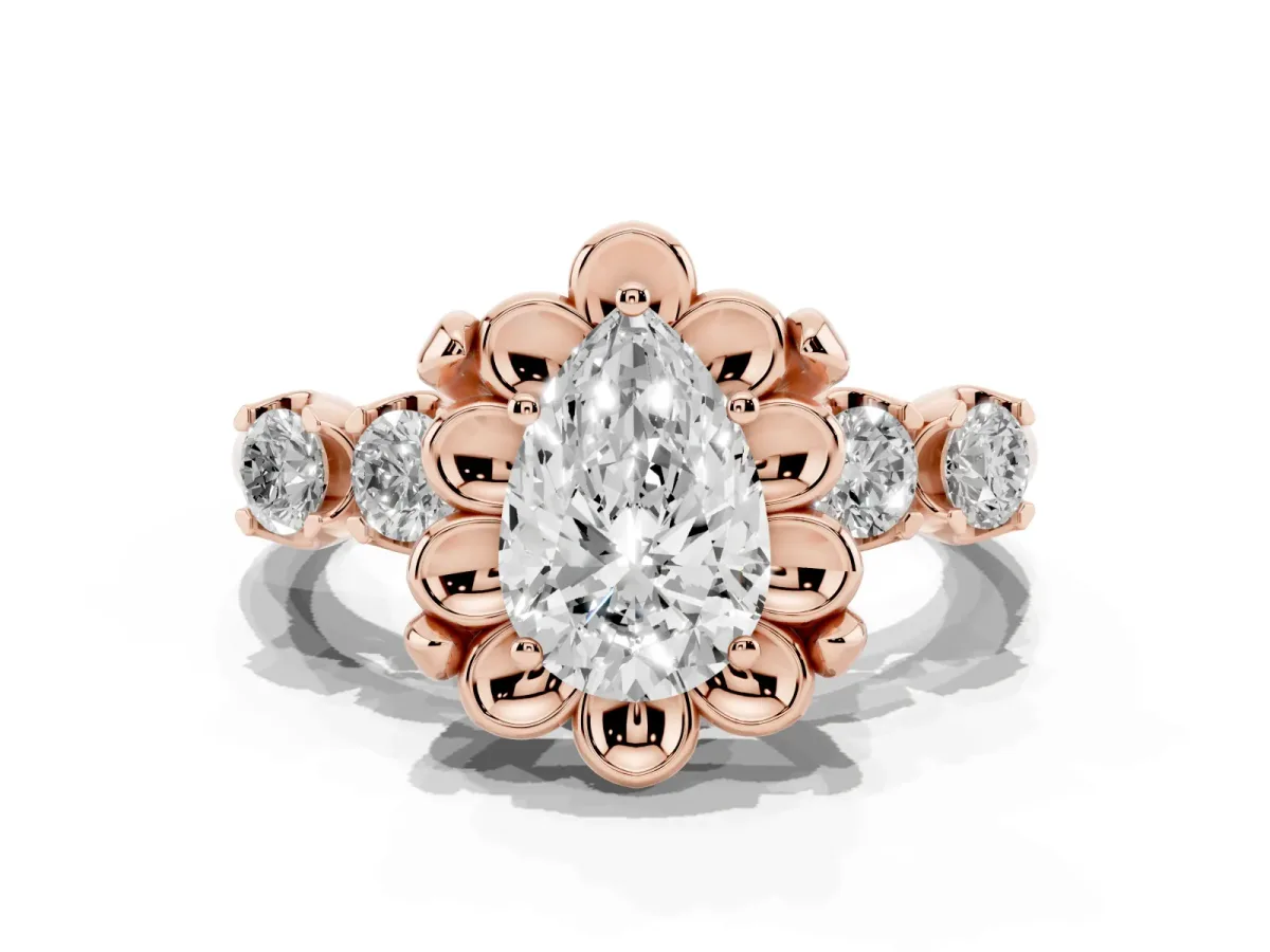Pear Cut Cut Diamond Floral Halo Engagement Ring with Shared Prong Setting Rose gold