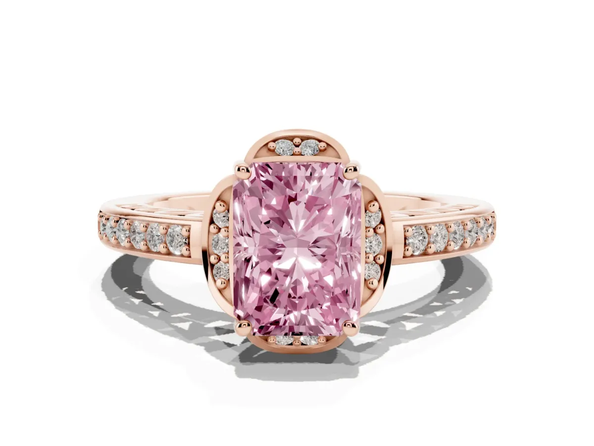 Fancy Pink Radiant Cut Cut Halo Diamond Ring with Channel Set Band and Four-Prong Setting Rose gold