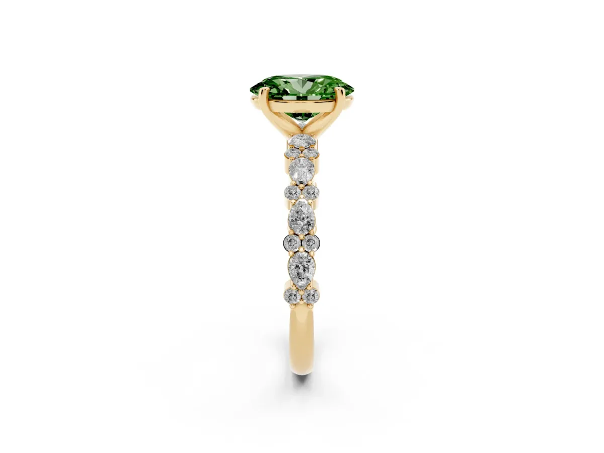 Fancy Green Oval Cut Diamond Side Stone Solitaire Ring with Round and Four-Prong Setting Yellow gold