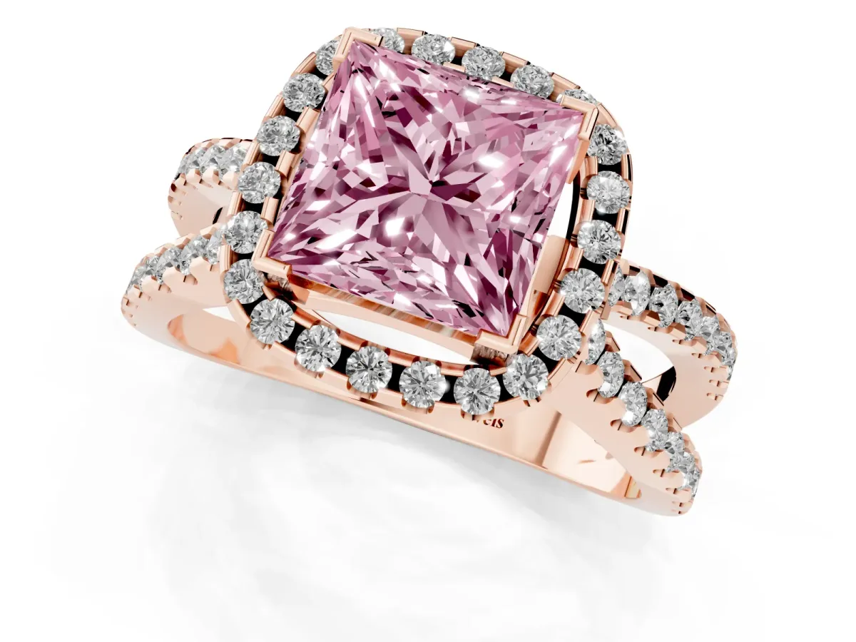 Fancy Pink Princess Cut Diamond Halo Ring with Split Shank Pavé Band and Prong Setting Rose gold