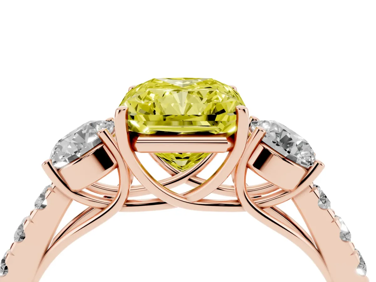 Fancy Yellow Radiant Cut Cut Diamond Three-Stone Ring with Round Side Stones and Pavé Band Rose gold