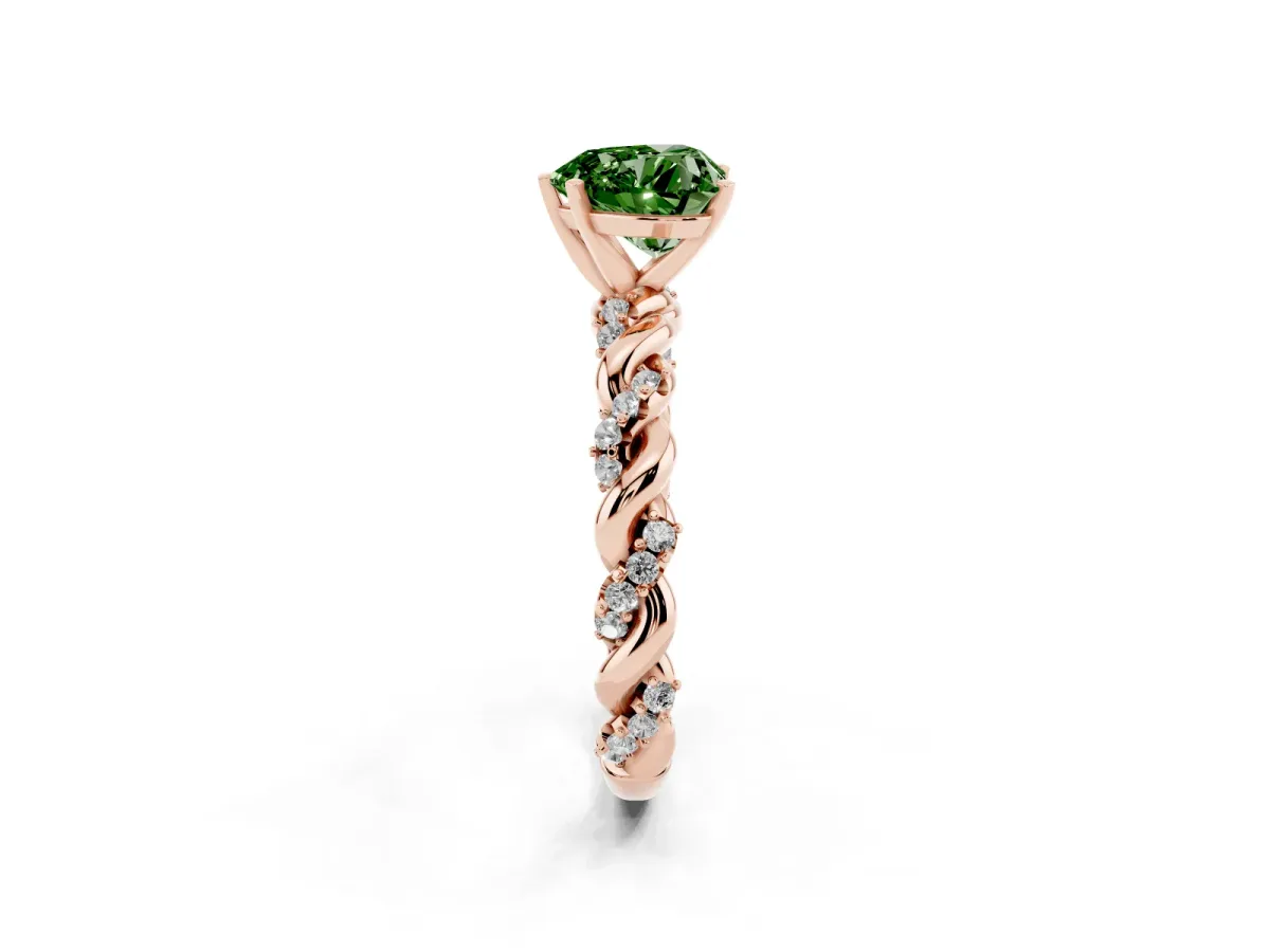 Fancy Green Heart Cut Diamond Solitaire Ring with Twisted Band and Pavé Accents Rose gold