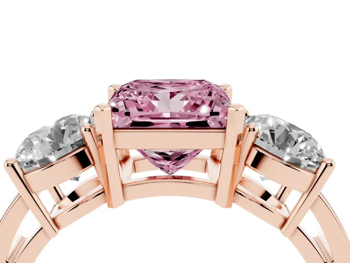 Fancy Pink Three-Stone Princess Cut Diamond Ring with Round Side Stones, Classic Band, and Four-Prong Setting Rose gold