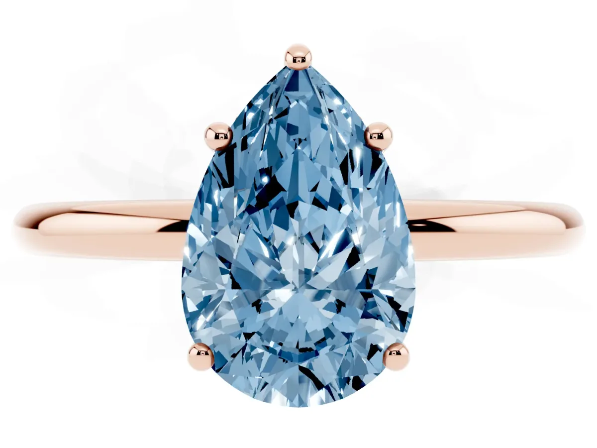 Fancy Blue Pear Cut Solitaire Diamond Ring with a Classic Band and Four-Prong Setting Rose gold