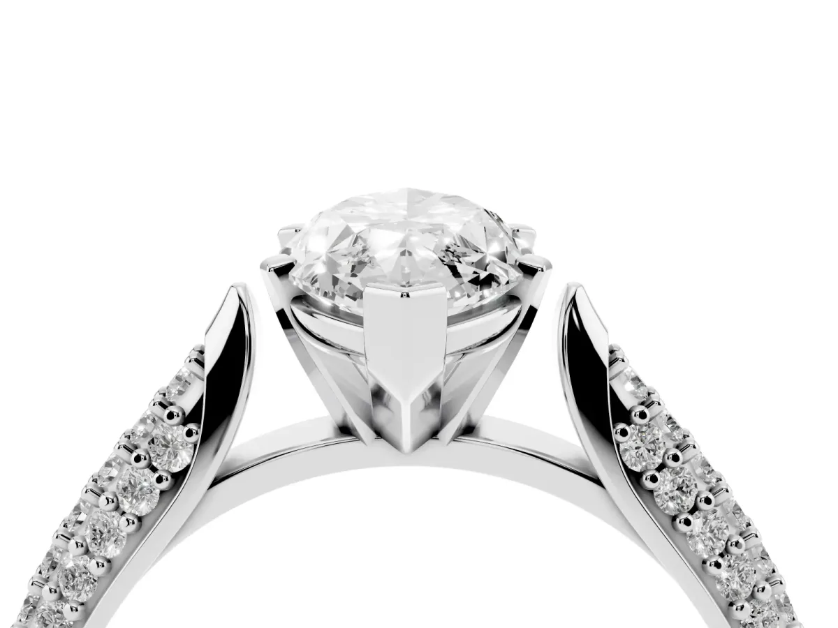 Marquise Cut Diamond Solitaire Engagement Ring with Multi-Row Round Pavé Band and Prong Setting Silver