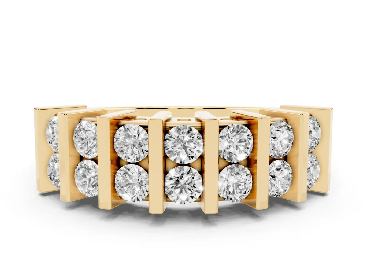 Channel Set Round Diamond Step Band with Bar Prong Setting Yellow gold