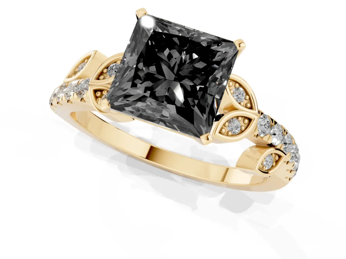 Fancy Black Princess Cut Solitaire Leaf-Inspired Diamond Ring with Pavé Band and Four-Prong Setting Yellow gold