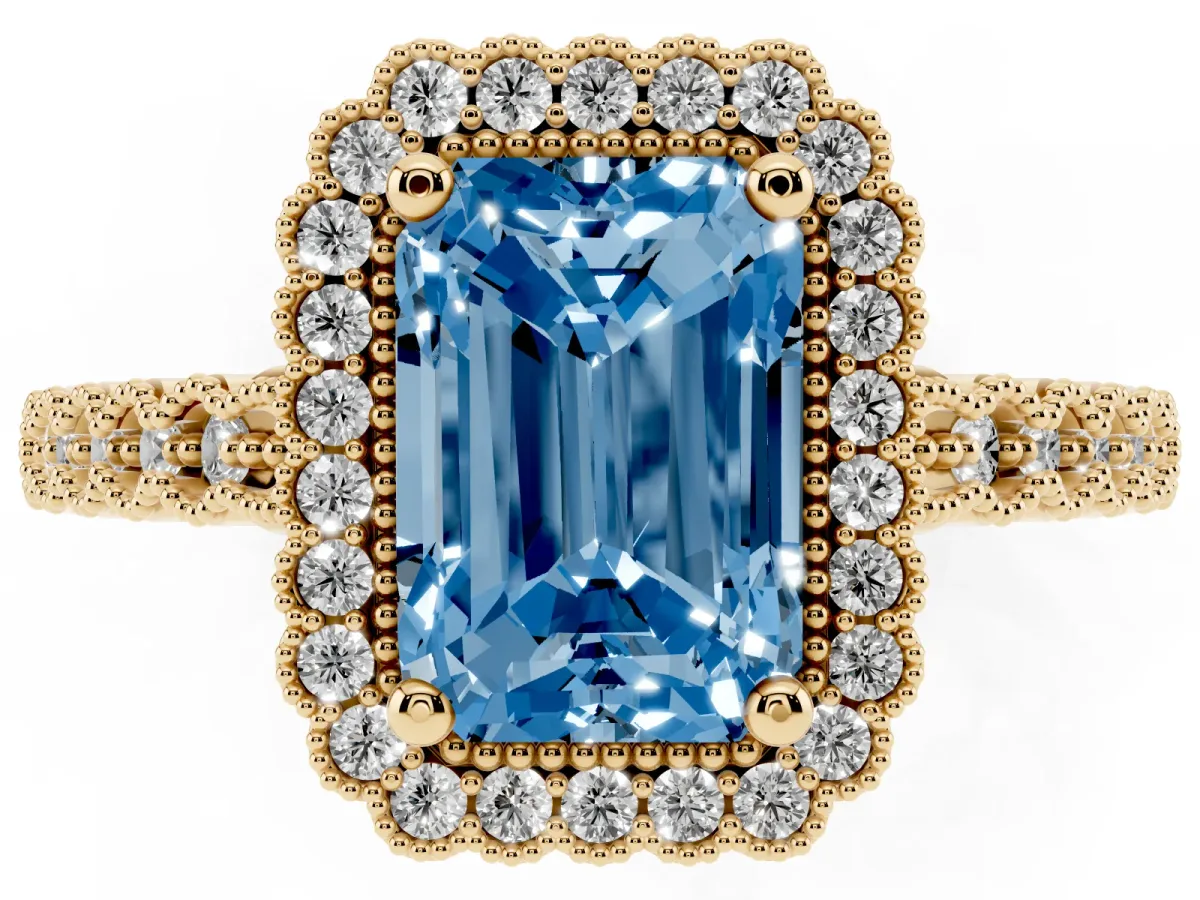 Fancy Blue Radiant Cut Cut Halo Pavé Solitaire Ring with Milgrain Band Yellow gold