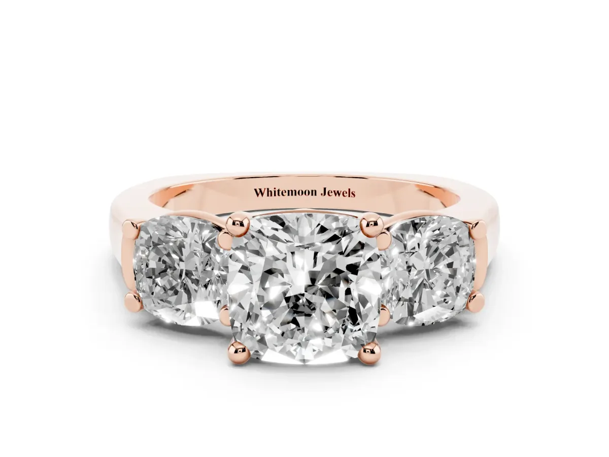 Three-Stone Cushion Cut Brilliant Diamond Trellis Ring with Comfort Fit Band Rose gold