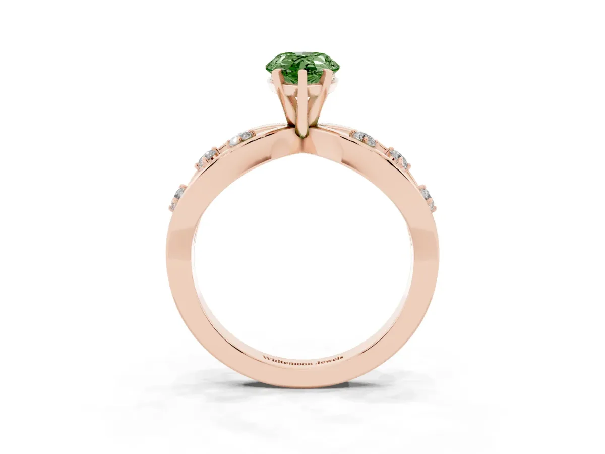 Fancy Green Pear Cut Cut Solitaire Diamond with Side Stones on Criss-Cross Band and Four-Prong Setting Rose gold