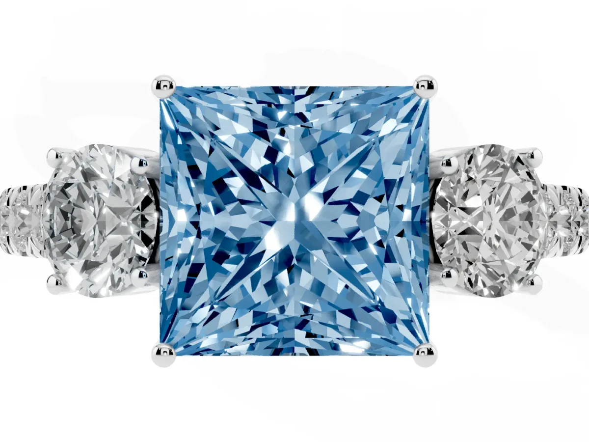 Fancy Blue Princess Cut Cut Diamond Three-Stone Ring with Round Side Stones and Pavé Band Platinum