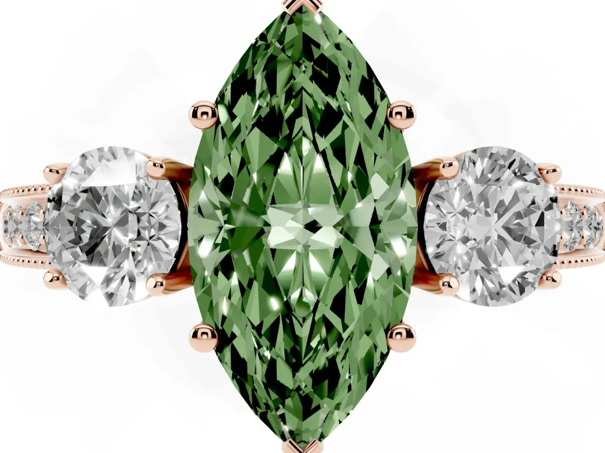 Fancy Green Marquise Cut Three-Stone Diamond Ring with Pavé Band and Four-Prong Setting Rose gold