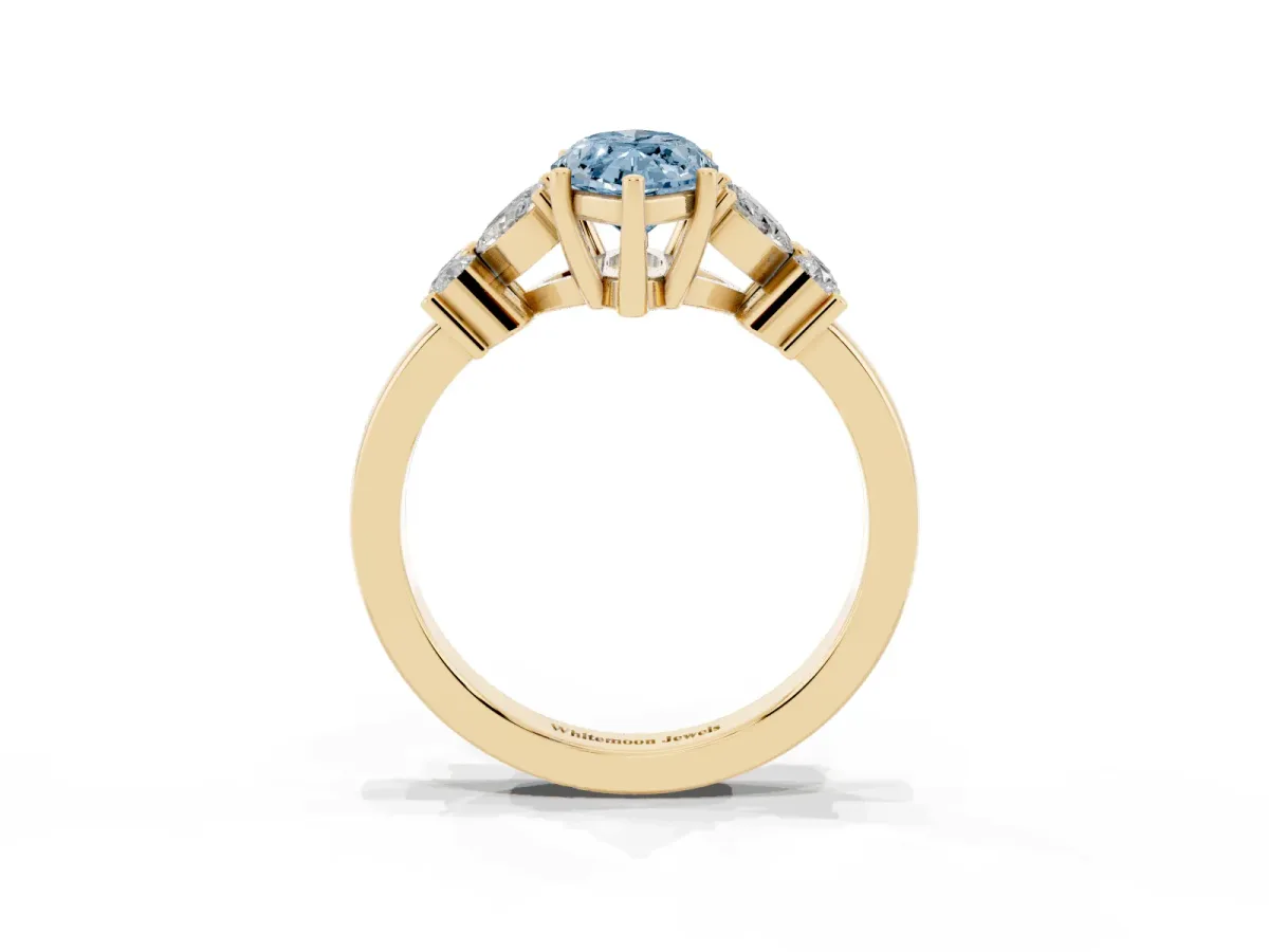 Fancy Blue Marquise Cut Diamond Floral Cluster Ring with Solitaire Band and Prong Setting Yellow gold