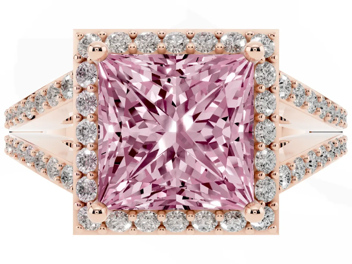 Fancy Pink Princess Cut Halo Split Shank Diamond Ring with Prong Setting Rose gold