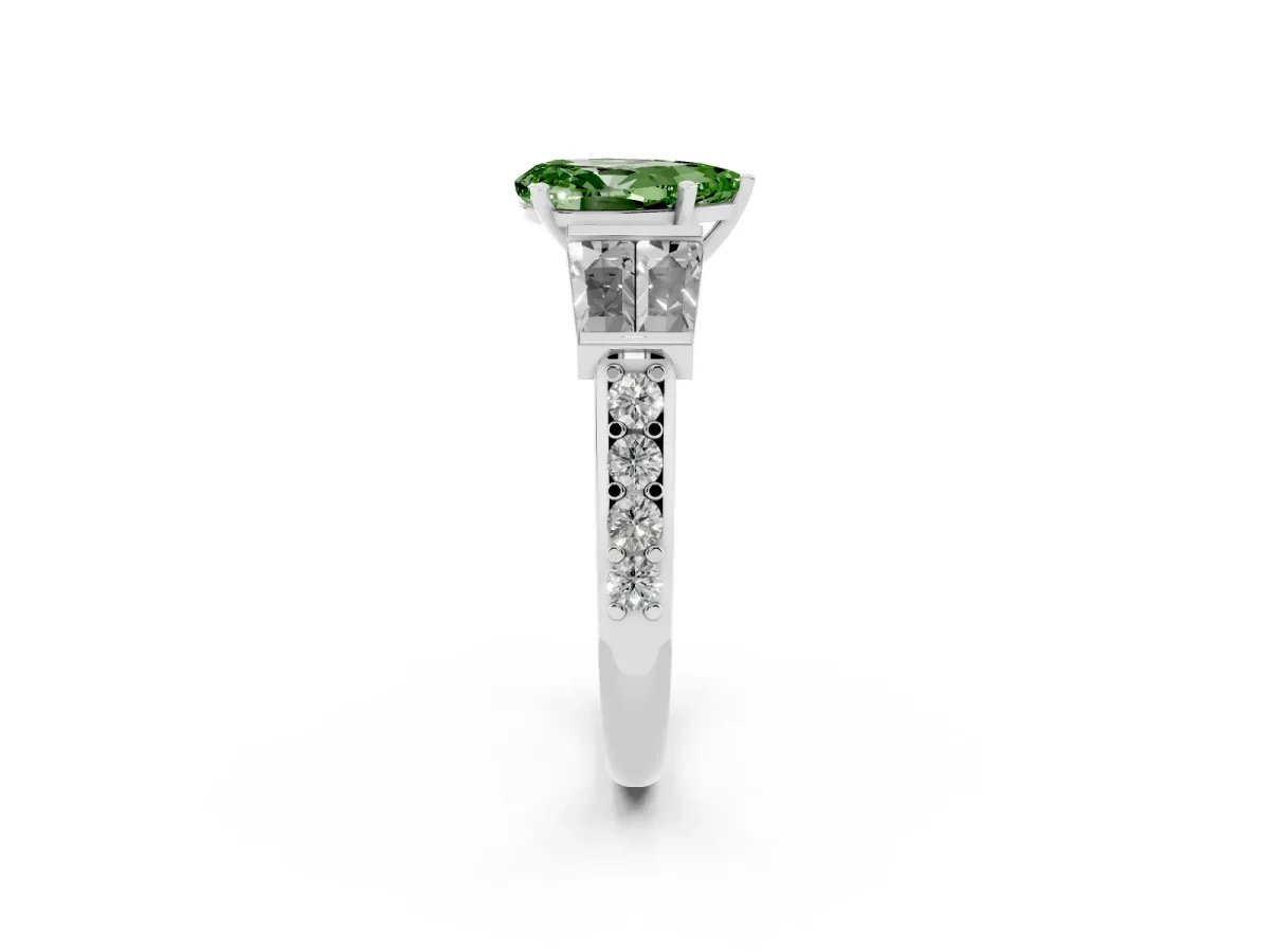 Fancy Green Pear Cut Diamond Engagement Ring with Baguette Side Stones and Channel Set Band Silver