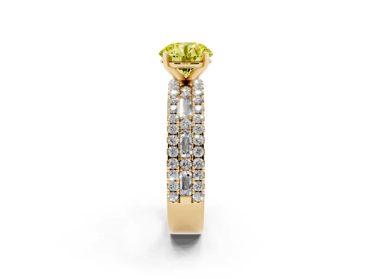 Fancy Yellow Round Cut Diamond Solitaire Ring with Pavé and Channel Set Band Yellow gold