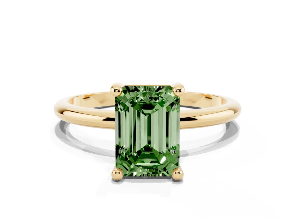 Fancy Green Emerald Cut Solitaire Diamond Ring with 4-Prong Setting on a Classic Band Yellow gold