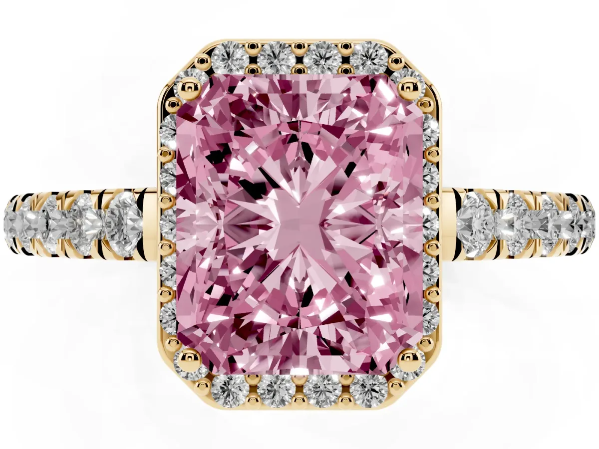 Fancy Pink Radiant Cut Cut Halo Diamond Engagement Ring with Pave Band and Four-Prong Setting Yellow gold