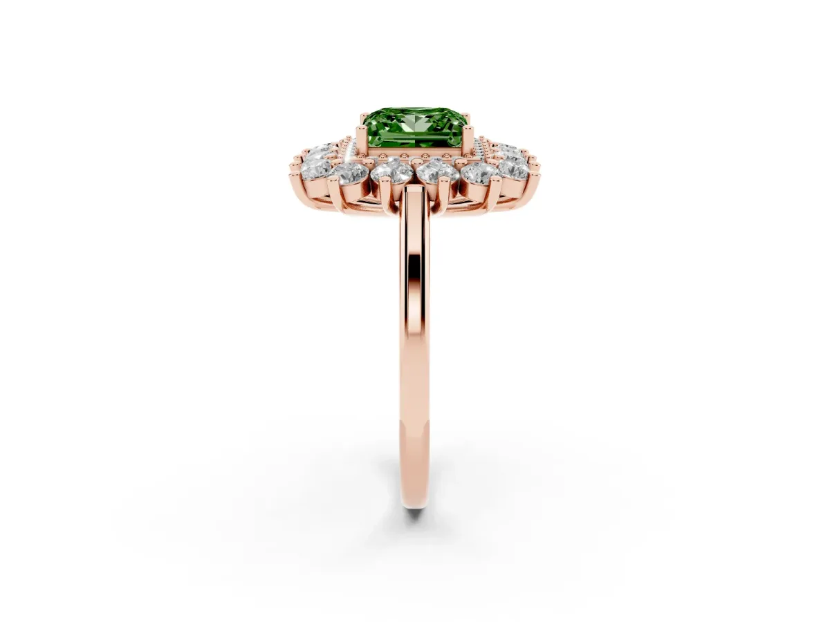 Fancy Green Princess Cut Diamond Floral Double Halo Engagement Ring with Prong Setting Rose gold