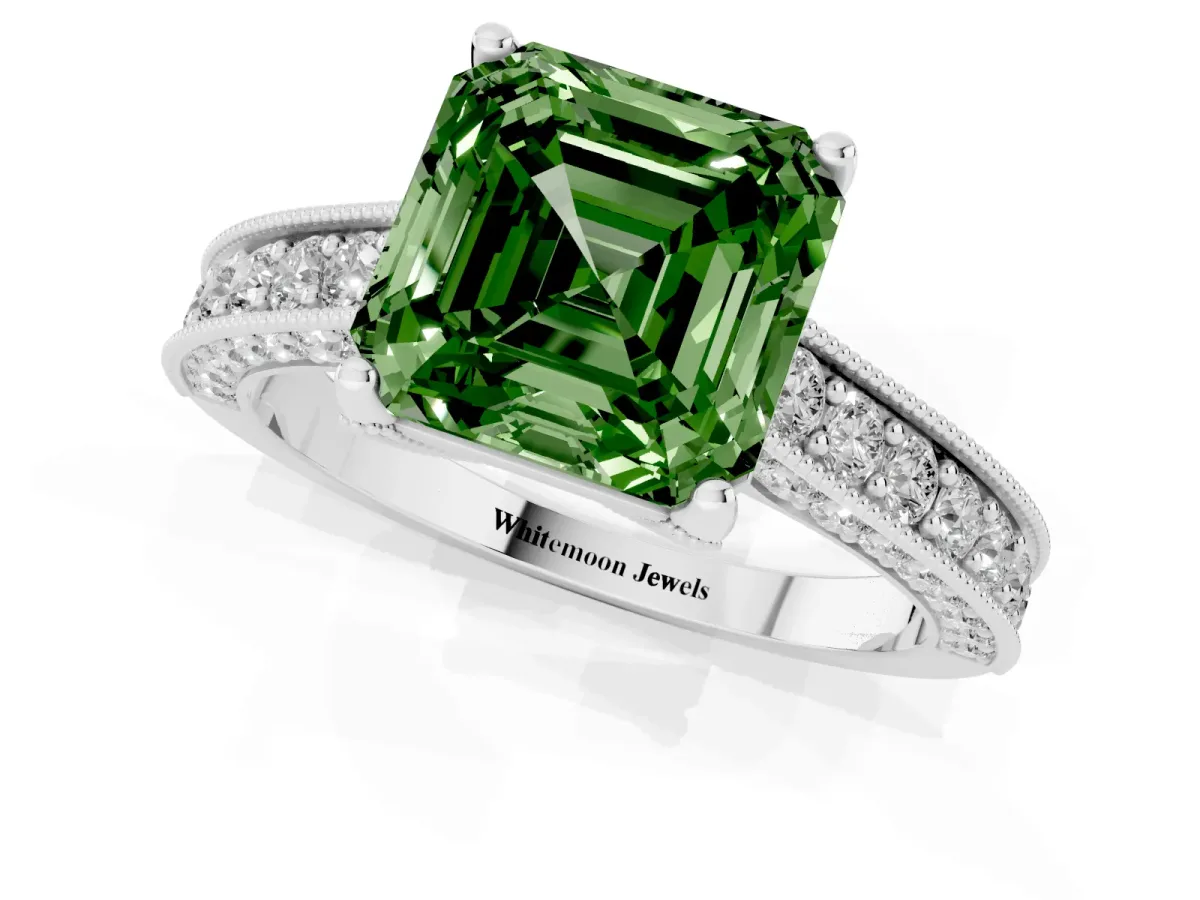 Fancy Green Asscher Cut Cut Diamond Solitaire Ring with Milgrain Pave Band and Four Prong Setting Silver