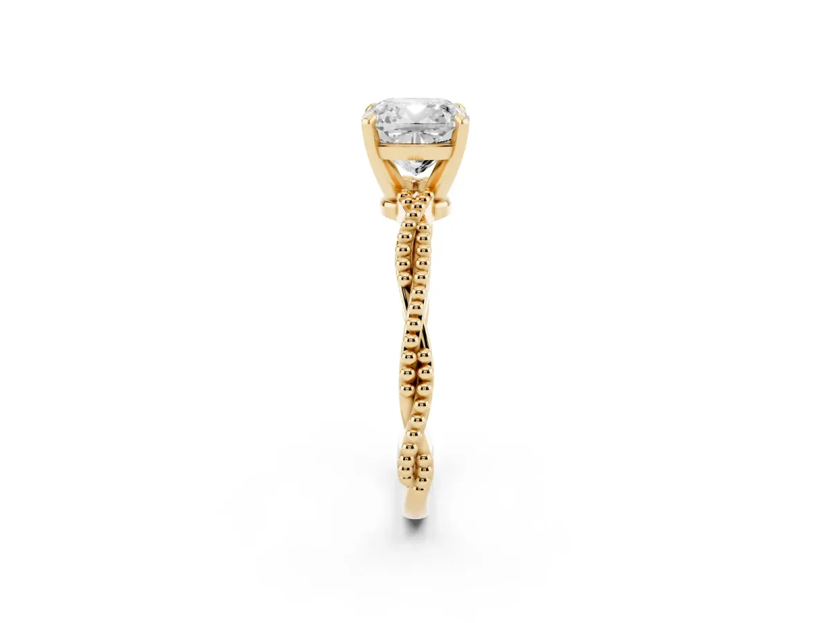 Cushion Cut Solitaire Twisted Band with Bead Prong Setting Yellow gold
